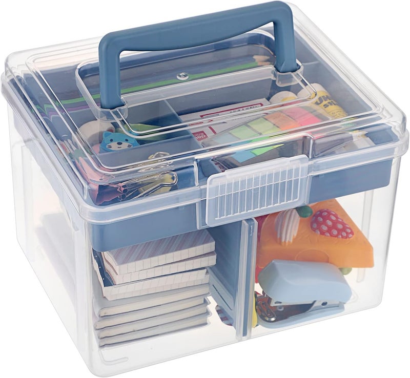 BTSKY 2 Layer Clear Plastic Dividing Storage Box with Removable Tray Multipurpose Stationery Storage Box with Handle Portable Sewing Box Art Craft Supply Organizer Home Utility Box (Small Blue) - Image 1